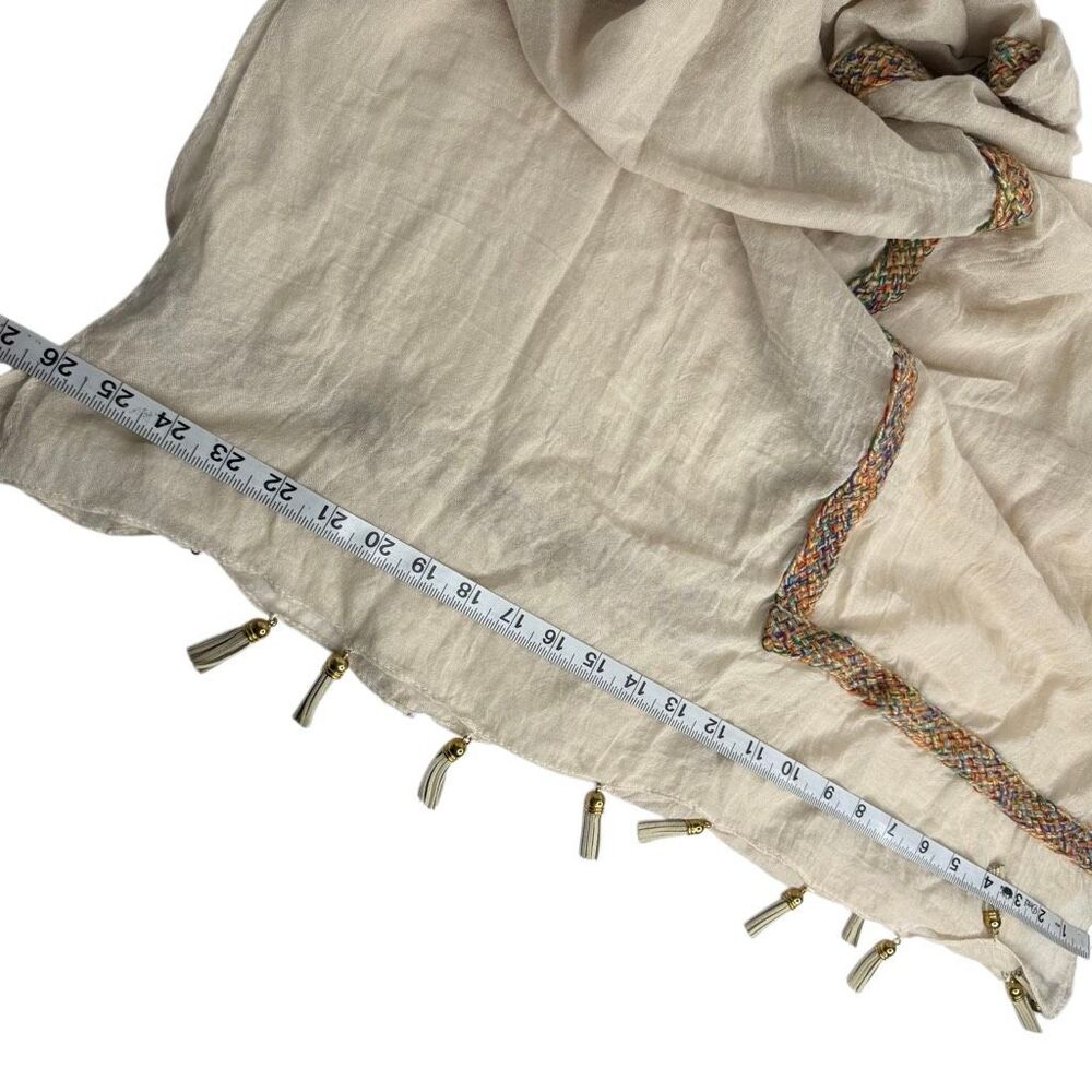 Boho Oversized Ivory Scarf Wrap Multicolor Braided Trim Tassels - Picture 7 of 9